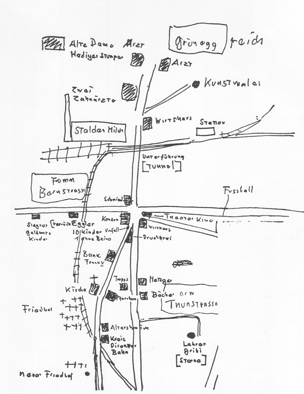 Plan schématique de Konolfingen avec des thèmes et sujets littéraires, vers 1960